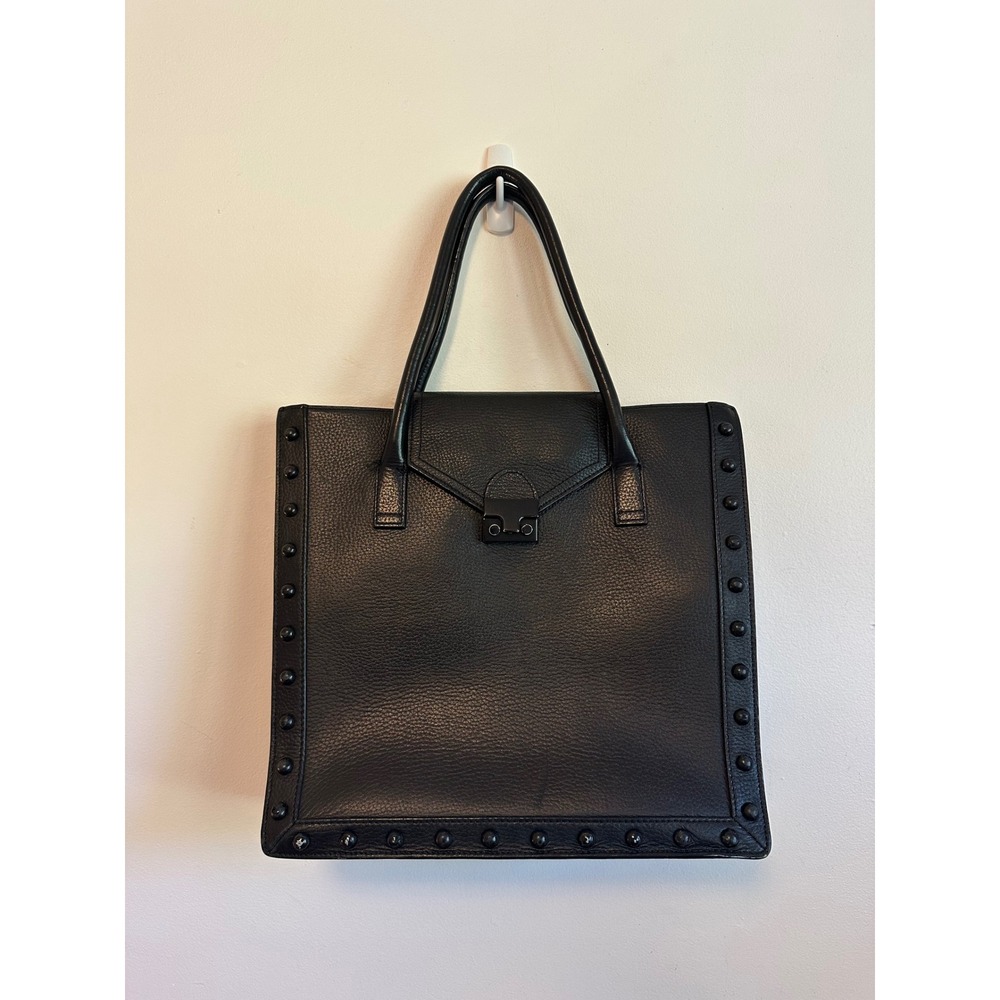 Loeffler Randall Black Pebbled Leather East West Studded Work Tote Bag